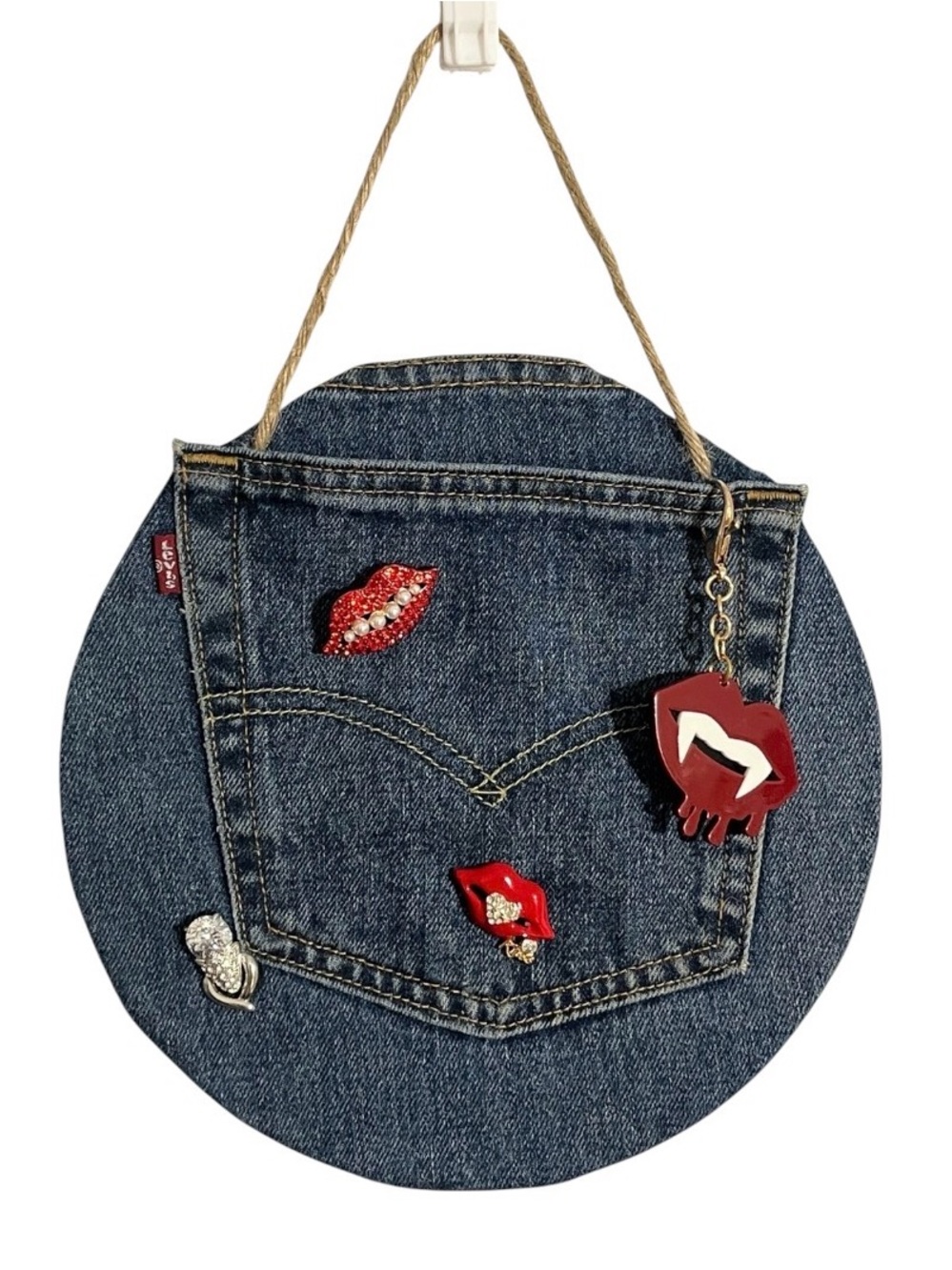 Levi’s Hand Crafted Denim Wall Art w/ 2 Brooches and 1 Keychain/ Bag Charm